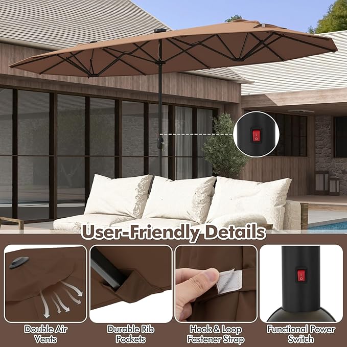 HAPPYGRILL Double-Sided Patio Umbrella with Solar Lights, 13FT Large Umbrella with Base Included, Crank Handle, Market Twin Table Umbrella for Outdoor Backyard Garden Poolside