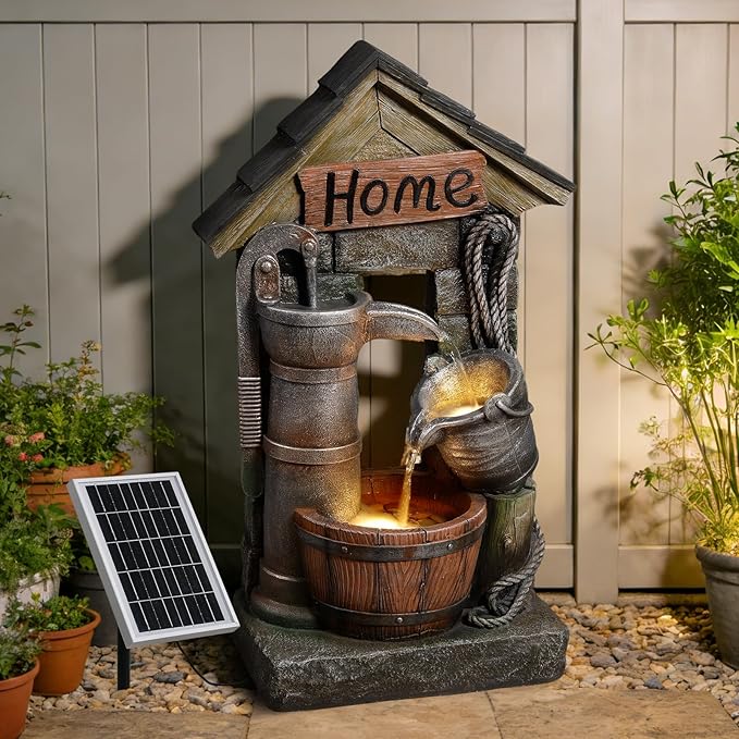 28.7" H Solar Outdoor Water Fountain,3-Tier Solar Powered Rustic Barrel Pump Water Fountain Cascading Waterfall Fountains Outside for Garden, Patio, Backyard, Porch/Two Placement Options