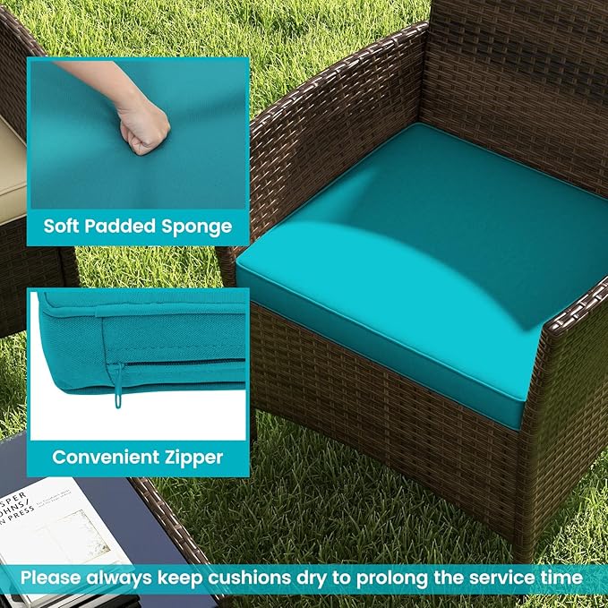 RELAX4LIFE 8-Piece Patio Furniture Set - Rattan Outdoor Conversation Bistro Set w/Cushions, Glass Coffee Table, Wicker Chairs & Loveseat for Garden Backyard Porch, Balcony Furniture Set (2, Turquoise)