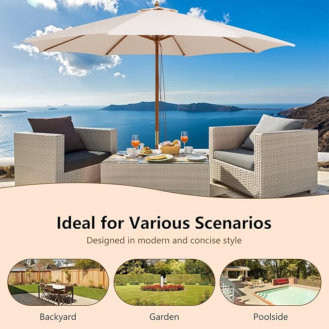 HAPPYGRILL 10 FT Wooden Patio Umbrella with Rope Pulley Lift, 8 Bamboo Ribs, 3 Adjustable Heights, Vented Roof, Outdoor Table Umbrella for Garden Poolside Backyard