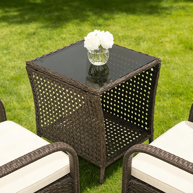Outdoor Side Table - Patio Rattan End Table with Square Glass Tabletop, Wicker Outdoor Side Table with Extra Storage Shelf for Garden, Backyard, Porch, Black Gold