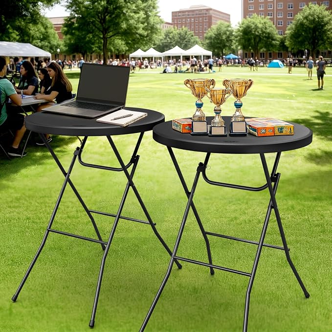 Bonnlo 32" Cocktail Table High Top Table, Folding Round Table Bar Height, HDPE Matrial with Gray Metal Finish for Outdoor Party, Backyard, Dining Room, Wedding Event,Black- 10PCS