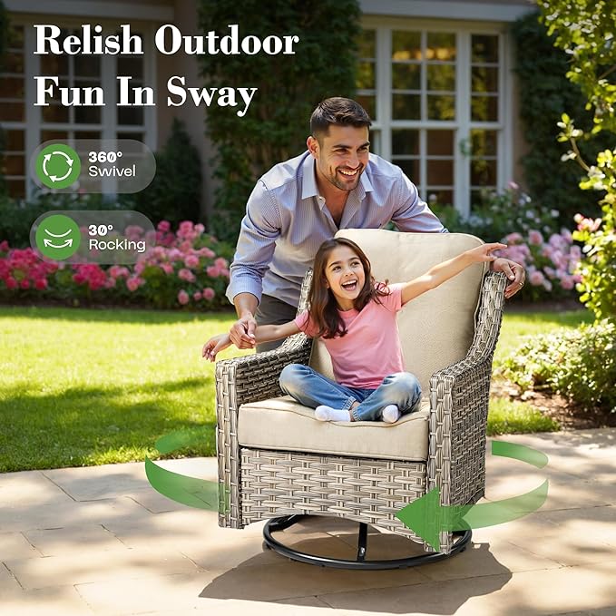 ovios 5 Piece Outdoor Patio Furniture with 3 Seat Sofa,Rattan Wicker Coversation Set with Swivel Rocking Chair,Balcony Sofa Set with Shiny Table for Outside Porch Backyard Pool, Beige
