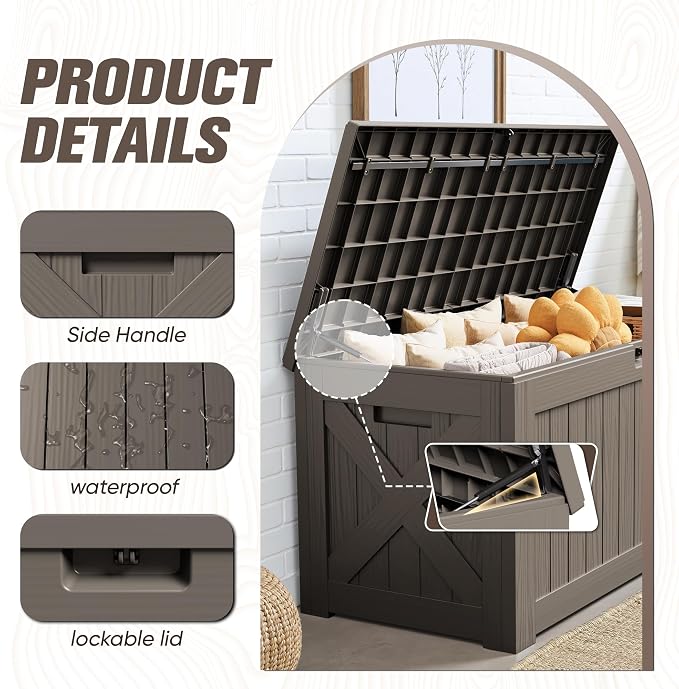 JUMMICO 120 Gallon Resin Deck Box, Large Outdoor Storage Box Waterproof & Lockable for Garden, Patio, Pools (Deep Brown)
