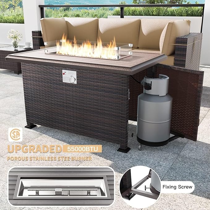 Kullavik 10 Pieces Outdoor Patio Furniture Set with 43" 55000BTU Gas Propane Fire Pit Table PE Wicker Rattan Sectional Sofa Patio Conversation Sets,Khaki