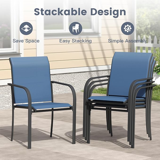 VICLLAX 3 Pieces Patio Outdoor Dining Set, 28" Square Metal Table and 2 Stackable Textilene Chairs for Patio, Lawn, Garden, Porch, Black/Dark Blue