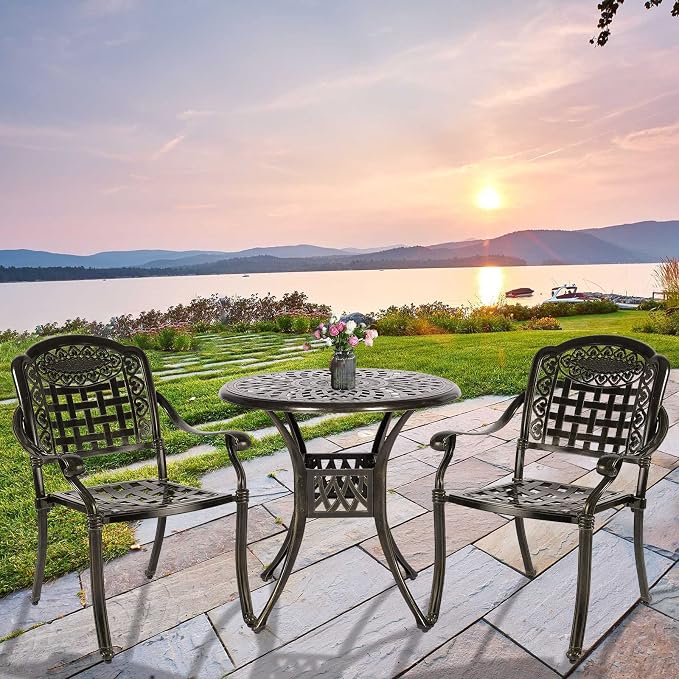 3-Piece Outdoor Patio Dining Set, All-Weather Cast Aluminum Patio Furniture Set for Backyard Garden Deck with 2 Chairs and 31” Round Table, 2" Umbrella Hole