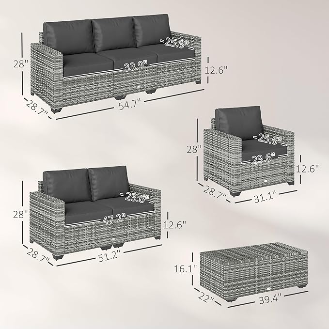 Outsunny 5 Piece Patio Furniture Set with Storage Bin Coffee Table, Wide Deep PE Rattan Wicker Outdoor Conversation Sofa Set with Cushions, Dark Gray