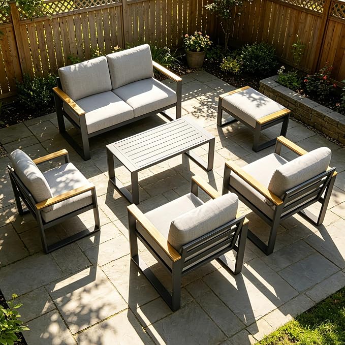 IDEALHOUSE Aluminum Patio Furniture Set, 6 Seats Outdoor Patio Conversation Sets with Coffee Table, 6 Pieces Metal Conversation Sectional Furniture Sofa for Balcony, Garden, Deck, Backyard,Gray