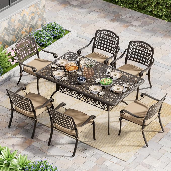 Grepatio 7 Piece Cast Aluminum Patio Dining Set, Outdoor Dining Furniture Set, Patio Table with Umbrella Hole and 6 Dining Chairs with 6 Cushions for Poolside Garden (Khaki Grid)