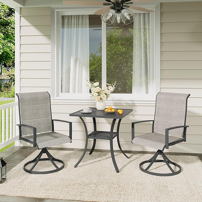 VICLLAX 3 Pieces Outdoor Dining Set, Patio Furniture Set Includes 27.6" Square Metal Table W/ 1.9" Umbrella Hole and 2 Padded Textilene Swivel Chairs for Porch, Lawn, Garden, Backyard