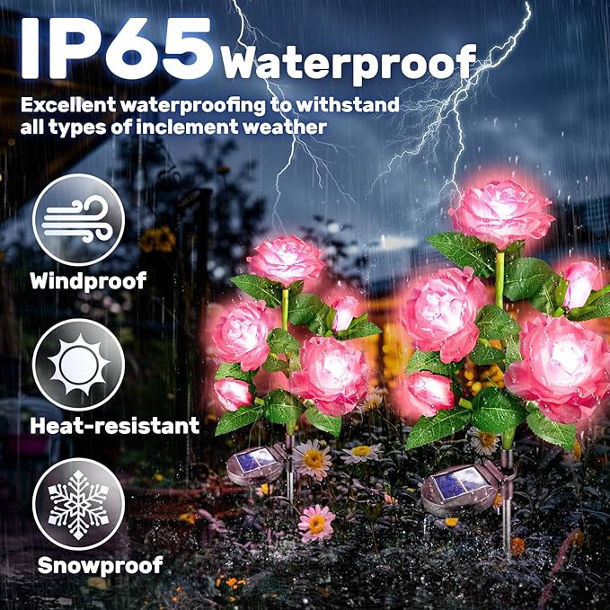 Anordsem Solar Garden Lights Outdoor: 10 Artificial Fabric Pink Roses Flowers 2 Pack- LED Flower Decorations for Cemetery Grave Pathway Yard- Mothers Day Gifts for Women, Wife and Mother