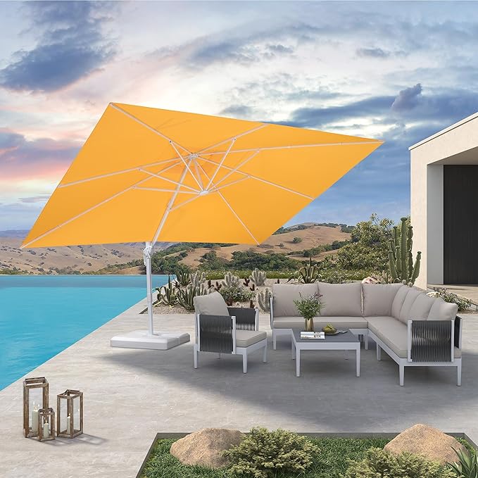 PURPLE LEAF 10' × 13' Patio Umbrella White Cantilever Umbrella Aluminum Square Outdoor Offset Umbrella Hanging Windproof with 360° Rotation for Garden Deck Pool, Yellow