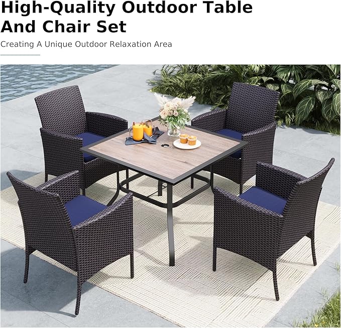 MFSTUDIO Patio Dining Sets for 4, Outdoor Square Wood-Like Table with Wicker Chairs Set, 5 Pieces Rattan Outdoor Dining Furniture Set, Patio Table and Chairs for 4, Backyard, Porch