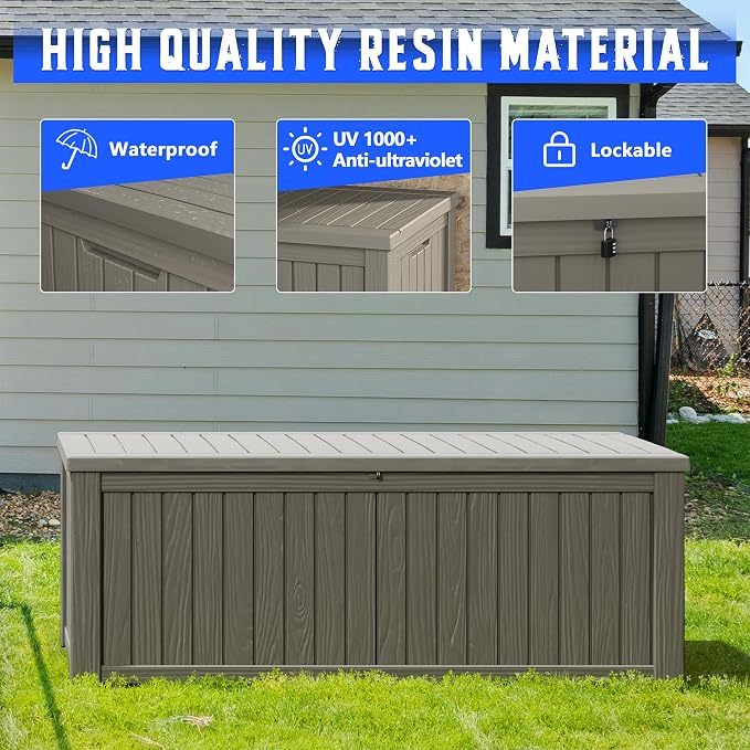 Fancyango 200 Gallon Outdoor Deck Box Waterproof, Large Storage Box for Patio, Resin Storage Bench Lockable for Garden Tools, Package Delivery, Grey