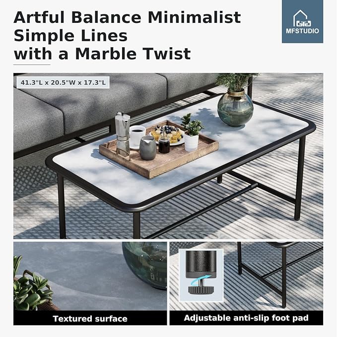 MFSTUDIO Metal Patio Furniture Sets, Outdoor Conversation Sets with Olefin-Filled Textilene Fabric Backrest, 5 Seats Deep Seating Modern Patio Sofa Sets with Textured Coffee Table for Garden(Grey)