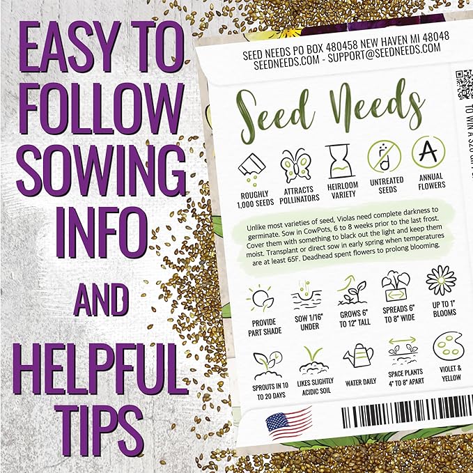 Seed Needs Johnny Jump Up Seeds for Planting Violas - Heirloom & Open Pollinated Flowers to Plant a Butterfly Garden Filled with Edible Blooms for Garnishing (1 Pack)