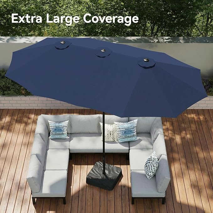 15ft Large Patio Umbrellas with Base Included, Outdoor Double-Sided Rectangle Market Umbrella with Stand, Outside Umbrellas for Poolside Lawn Backyard