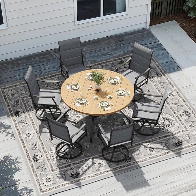 Soohow 7-Piece Outdoor Dining Set, Round Patio Dining Table and Chairs Set for 6, 6 x Swivel Patio Chairs and 47" Dining Table with 1.57" Umbrella Hole, Wood-Like, Ideal for Poolside, Backyard, Deck