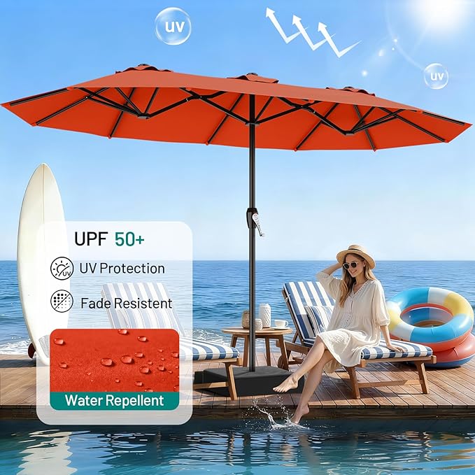 AreShark 15ft Patio Umbrella with Base, Double Sided Outdoor Umbrella with 12 Fiberglass Ribs, Large Outdoor Umbrella for Garden, Pool, Deck, Backyard & Market, Orange