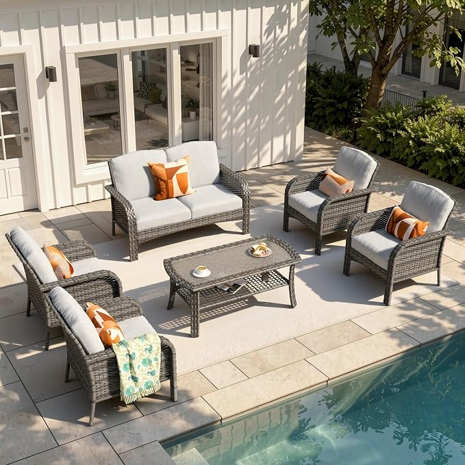 6-Piece Patio Furniture Set, Outdoor Wicker Furniture with Coffee Table, All Weather High Back Loveseat Patio Chairs, Modern Rattan Outdoor Chairs Conversation Set for Porch, Balcony, Garden,Grey