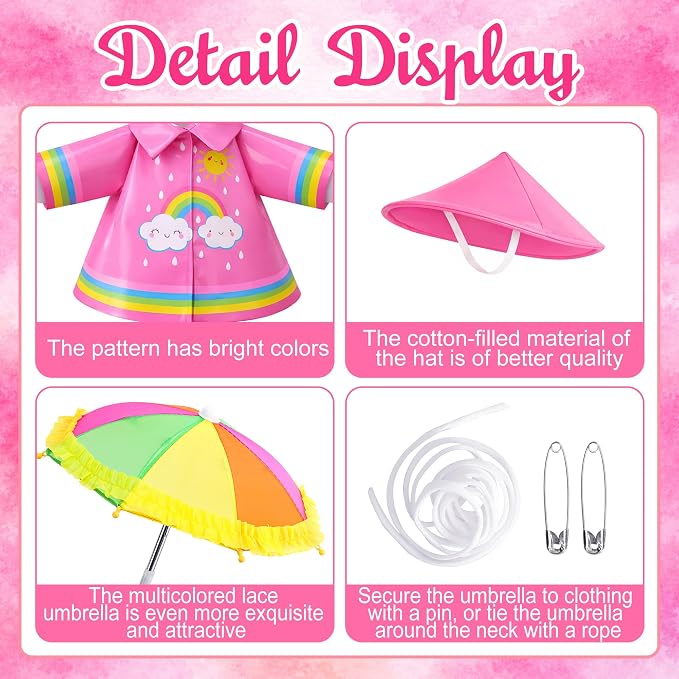 DECOHS 3 Pcs/Set Raincoat Porch Goose Outfits, Summer Lawn Goose Statue Raincoat Costume, Yard Goose Clothes Raincoats Umbrella Hat Outfit for 23" Statue Patio Garden Decoration (Rosy Rainbow)