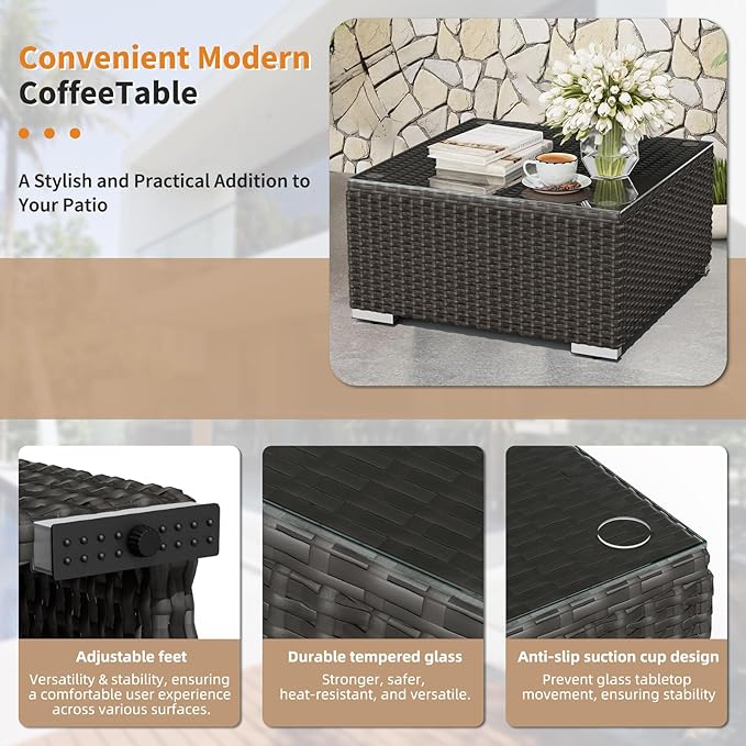 Oakcloud 7-Piece Outdoor Patio Furniture Sofa Set Black Rattan Wicker Sectional Conversation Sets with Glass Top Table and Cushions(Brown)