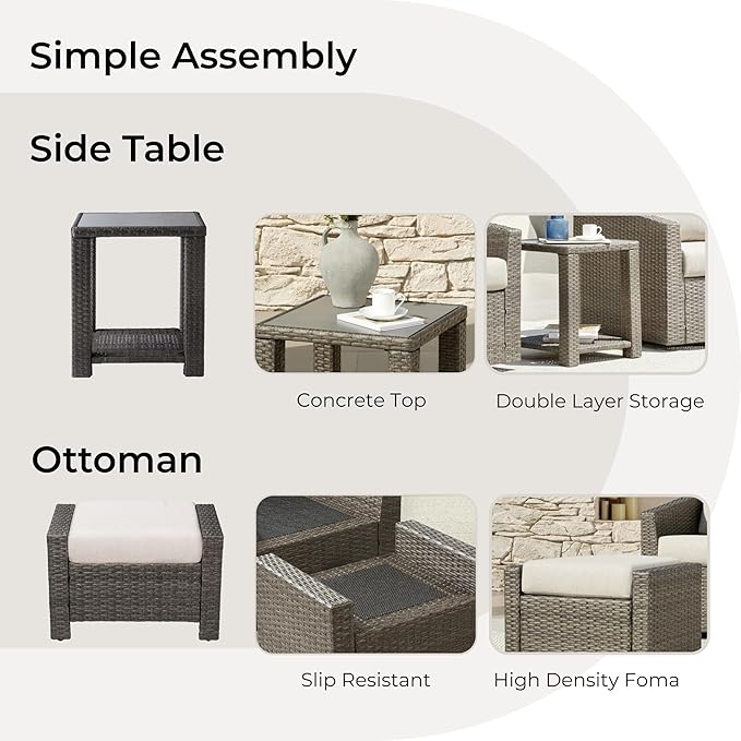 CHITA 5 Pieces Swivel Wicker Patio Furniture Set, Outdoor Conversation Set with 2 Pieces Rattan Swivel Chairs, 2 Pieces Ottomans, Thickened Cushions and Side Table, Beige Cushions with Grey Wicker