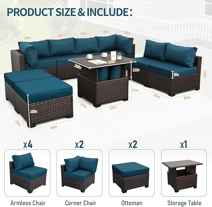 9 Pieces Wicker Patio Furniture Set Outdoor PE Rattan Sectional Conversation Sofa Set with Peacock Blue Cushions and Storage Table