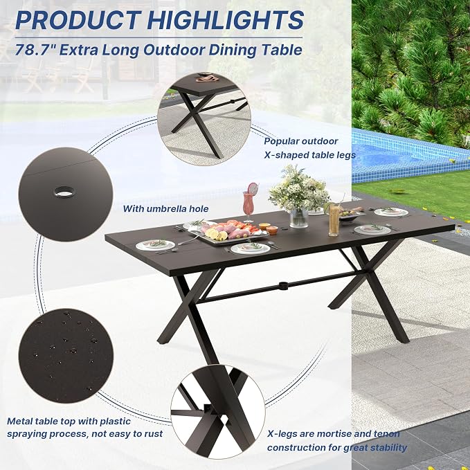 ALAULM 7-Piece Patio Dining Table and Chairs for 6 Outdoor Dining Set with 2 Swivel Chairs Patio Dining Sets with Rectangular Metal Table with Umbrella Hole for Patio, Backyard, Garden-Dark Blue