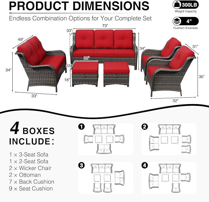 Joyside 6 Piece Wicker Patio Furniture Set, Rattan Patio Chairs with High Back, Deep Seating, Wide Armrest, Thickened Cushions, Outdoor Furniture for Deck, Porch Use