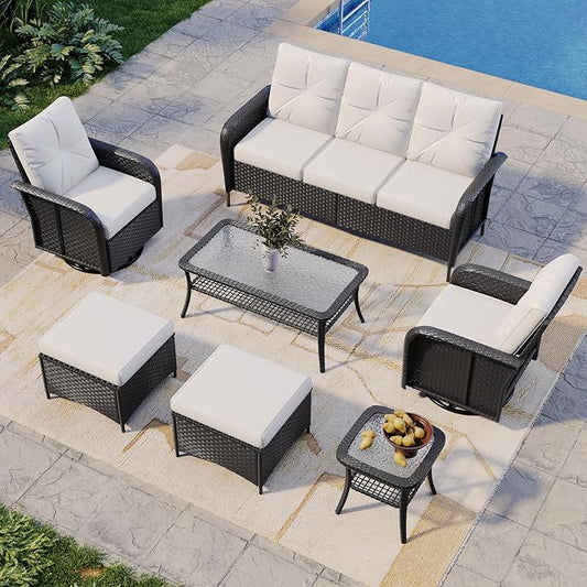 Aoxun 7-Piece Patio Furniture Set with Thick Cushions, Wicker Rattan Outdoor Sectional Sofa with High Back Swivel Rocker Chairs, Outdoor Patio Furniture Set with Coffee Table & Ottoman, Beige