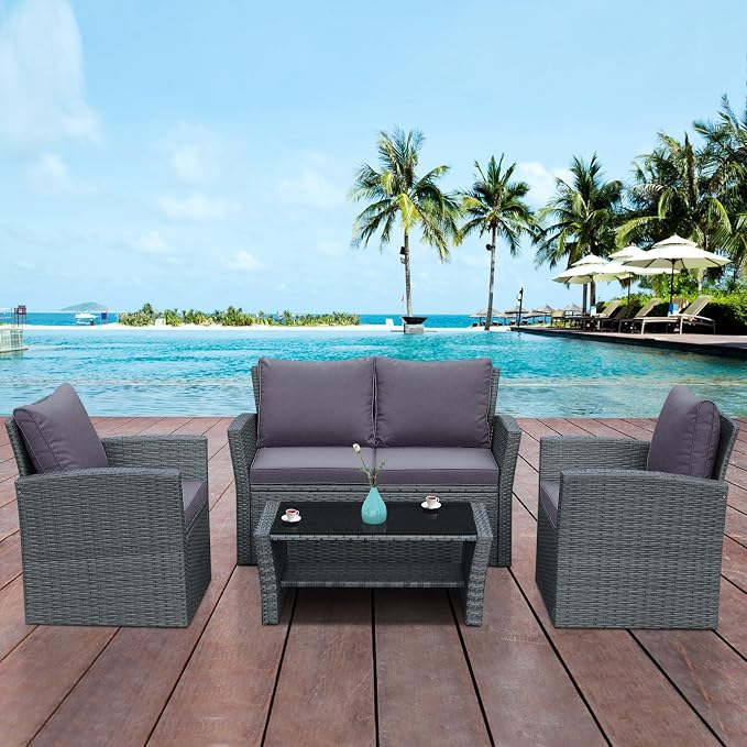 RELAX4LIFE 4 PCS Wicker Patio Furniture Set with Soft Cushions & Tempered Glass Table Outdoor Rattan Sofa Set for Backyard Garden Balcony Poolside Sectional Conversation Couch Set (Gray)