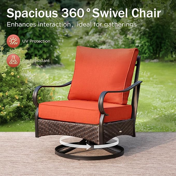 PHI VILLA Outdoor Modern Patio Furniture Set, Upgraded Wicker & Metal Patio Furniture Conversation Set with Waterproof Thick Cushions for Porch, Poolside, Yard (4 Pieces,Red)