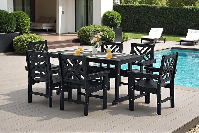 7 Piece HDPE Outdoor Dining Set for 6, Patio DHPE Furniture Set with Umberlla Hole, Weather Resistent Outdoor Table and Chairs for Garden, Poolside, Backyard, Deck, Black