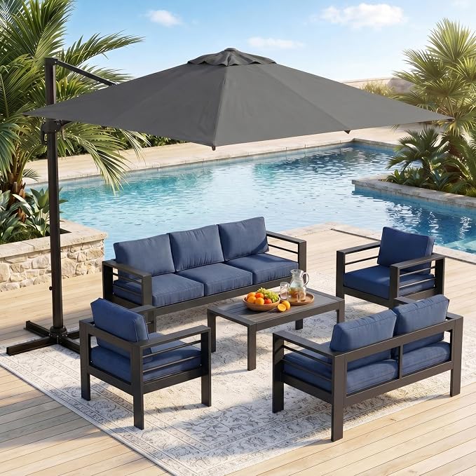 Wisteria Lane 6 Pieces Aluminum Patio Furniture Set with Umbrella, All Weather Oversized Outdoor Furniture Set with Deep Seat and Back Cushion, Patio Conversation Sets with Wide armrest, Blue & Gray