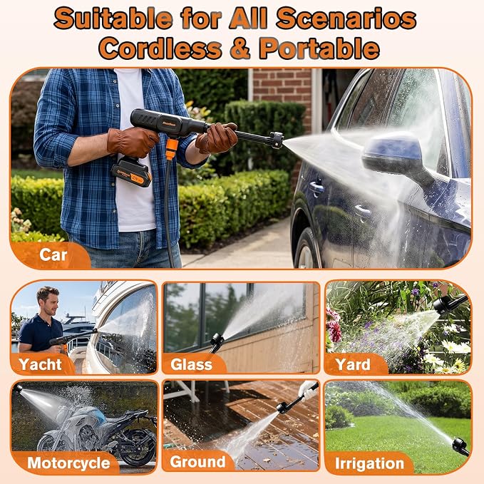 Cordless Pressure Washer, 900PSI Portable Power Pressure Washer with 6-in-1 Nozzle, Hand Held Washer with Charge & 2*21V Batteries, Electric Power Cleaner for Car Wash, Garden, Patio, Home