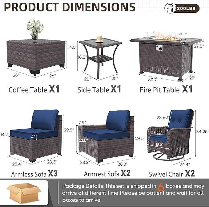 Patio Furniture Set 10 Pieces Outdoor Furniture Patio Conversation Set w/43in 55000 BTU Propane Fire Pit Table,PE Rattan Wicker 10 Pcs Outdoor Sofa Set w/Swivel Rocking Chairs,NavyBlue