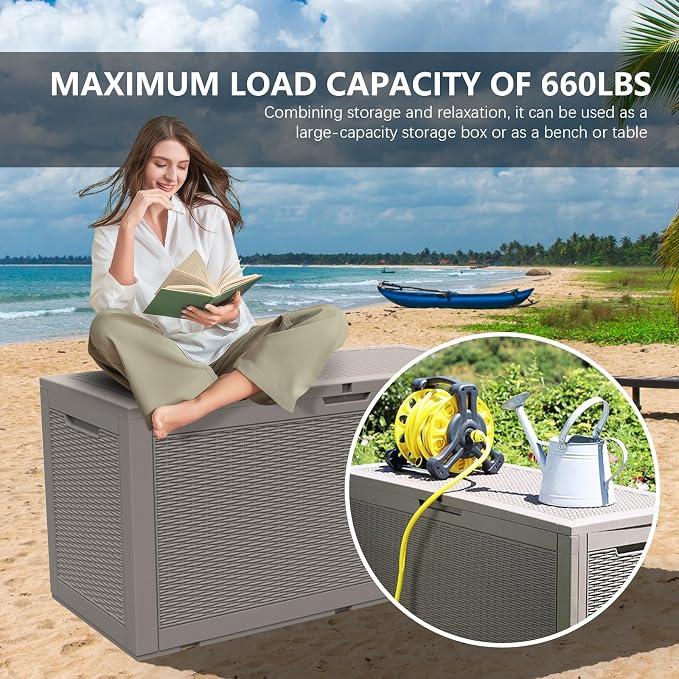 DIKEP 100 Gallon Polypropylene(PP) Deck Box Lockable Outdoor Storage Box for Patio Furniture Cushions, Garden Tools, Pool Supplies | Built-in Handles Waterproof Storage Container, Gray