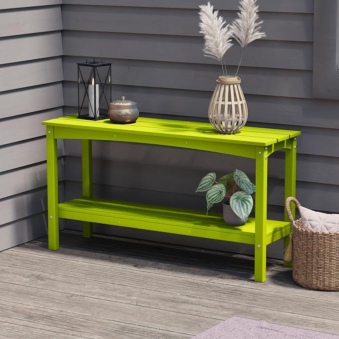 Costaelm Adirondack Outdoor Side Table, 55” HDPE Small Outside Table with Storage Shelf, Weather Resistant Outdoor Plant Shelf, Porch Table and Outdoor Table for Pool & Yard, Lime