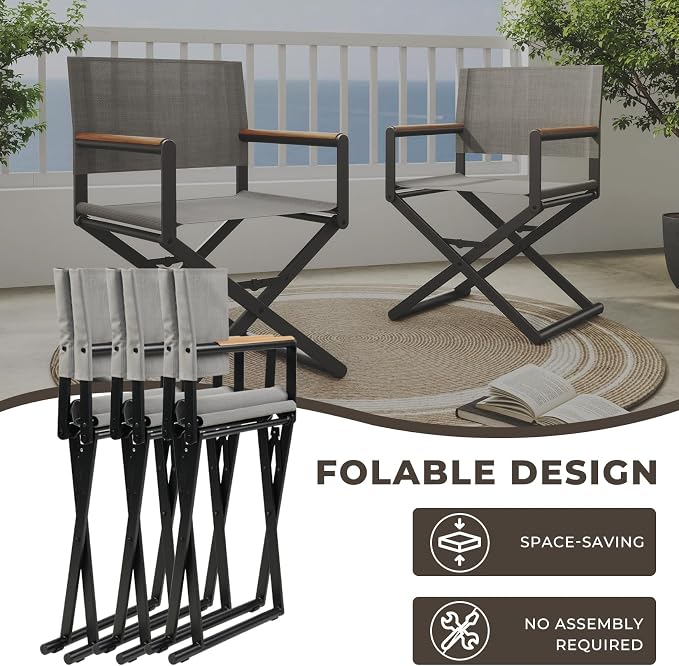 Grand patio 16-Piece Outdoor Dining Set, 14 Extra-Wide Folding Chairs & 2 Rectangle Expandable Table, Sling Mesh Patio Chairs with Wood Grain Table for Yard, Poolside, Deck, Gray
