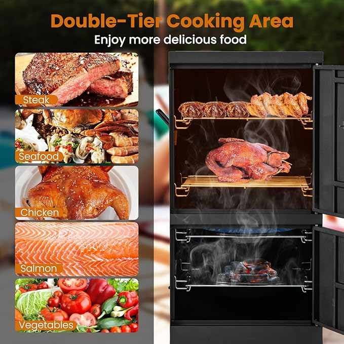 Giantex Outdoor Smoker with Double Doors, 2 Detachable Grill Netting Smoking Racks, Charcoal Pan & Water Pan, 4 Air Vents, Thermometer, Vertical Charcoal Smoker for Barbecue Camping Backyard Grill