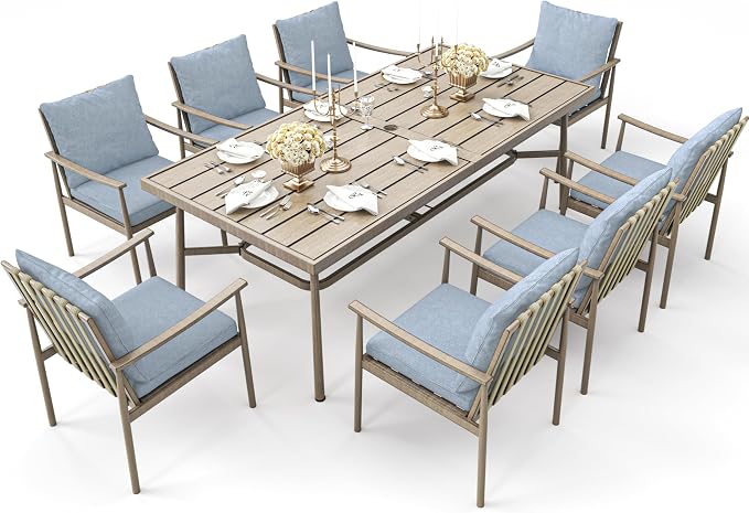 9-Piece Outdoor Dining Set for 8, Aluminum Dining Set with Cushions, 8 Dining Chairs with Rope Backrest, Large Rectangular Table with Umbrella Hole, Patio Dining Set for Lawn Porch Yard,Brown