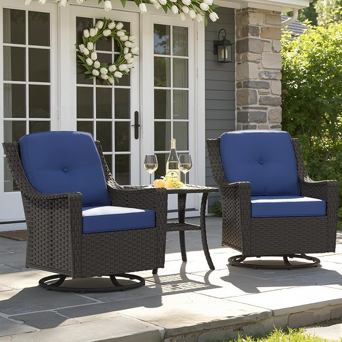 3 Pieces Patio Swivel Chairs & Side Table, PE Rattan Patio Chairs with Water-Resistant Cushion for Porch Outdoor Wicker Furniture Set (Blue, 3 PCS - Swivel Chair & Table)