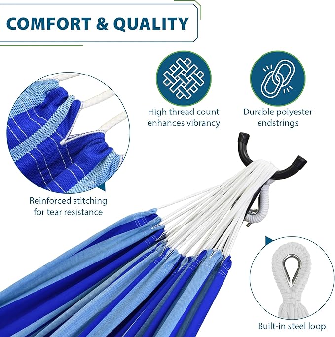 Vivere Brazilian Style Double Cotton Hammock with Polyester End Strings, 450 lb Weight Capacity (Island Breeze)