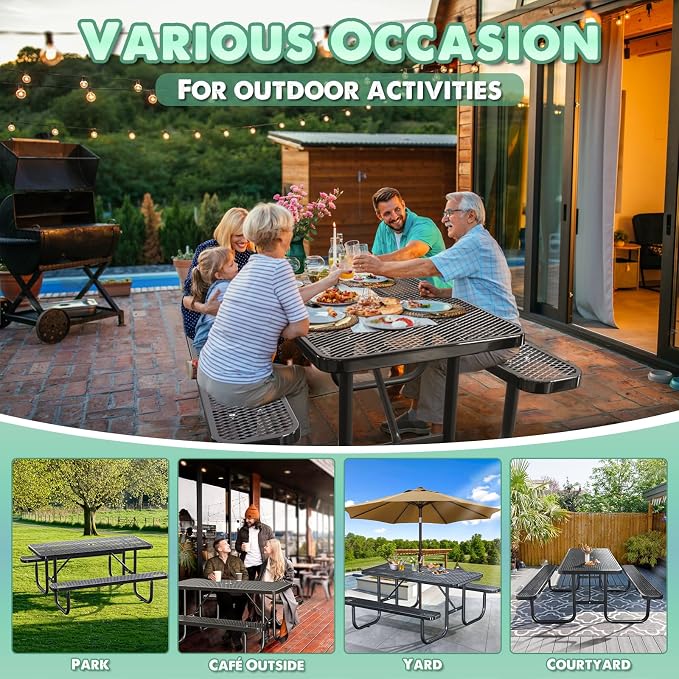 6FT/72IN Heavy Duty Outdoor Picnic Table and 2 Benches for 4-8 People, Weather Resistant Rectangular Steel Picnic Table Set with Umbrella Hole for Yard Patio Lawn Party Black