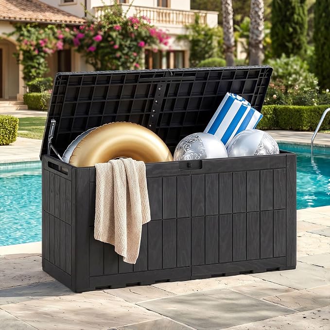HAPPYGRILL 100 Gal Outdoor Deck Box, Lockable Storage Bin with Lid and Handles, Waterproof and Sun-Protective Patio Bench and Storage Box for Garden Tools Pool Supplies (Black, 100Gallon)