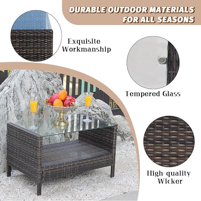 Outdoor Rattan Patio Side Tables, Wicker Table with Clear Tempered Glass Top, Patio End Tables with Storage Shelf, Outdoor Small Tables for Patio,Porch,Balcony,Backyard (Brown, 34.60 Inch)