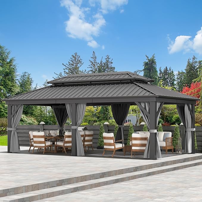 DWVO 12x20ft Gazebo Double Roof Hardtop with Nettings and Curtains, Heavy Duty Galvanized Steel Outdoor Vertical Stripes Roof for Patio, Backyard, Deck, Lawns, Grey