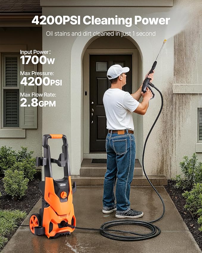 VEVOR Electric Pressure Washer, Max 4200 PSI 2.8 GPM, High-Power Cleaner with Foam Cannon & 4 Nozzles for Driveways, Cars, Fences, Patios, Home Cleaning